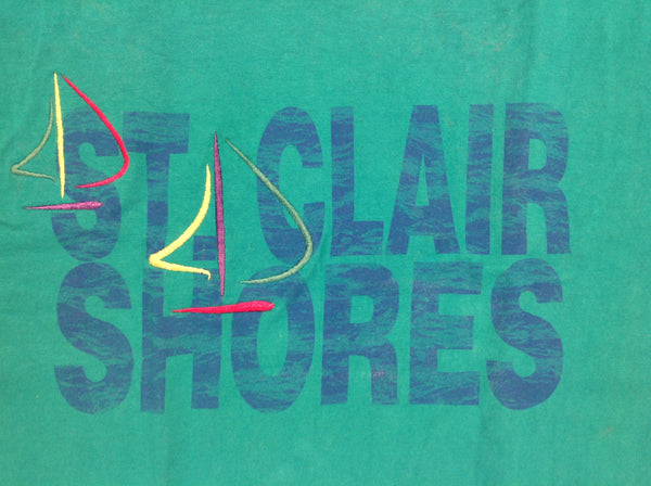 Vintage 1990's Fruit of the Loom Adult Large Souvenir T-Shirt Teal Blue Big Letter Abstract Sailboats St Clair Shores Michigan