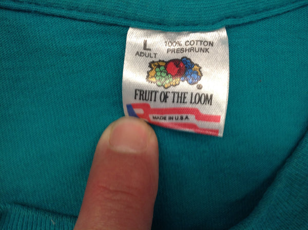 Vintage 1990's Fruit of the Loom Adult Large Souvenir T-Shirt Teal Blue Big Letter Abstract Sailboats St Clair Shores Michigan