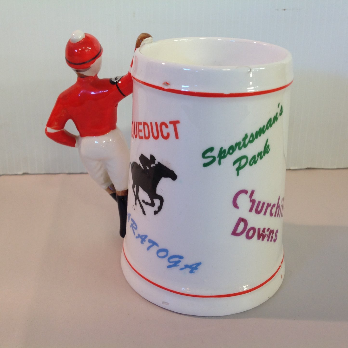 Vintage Souvenir Porcelain Horse Racing Mug Red Jockey #1 Race Parks Logos