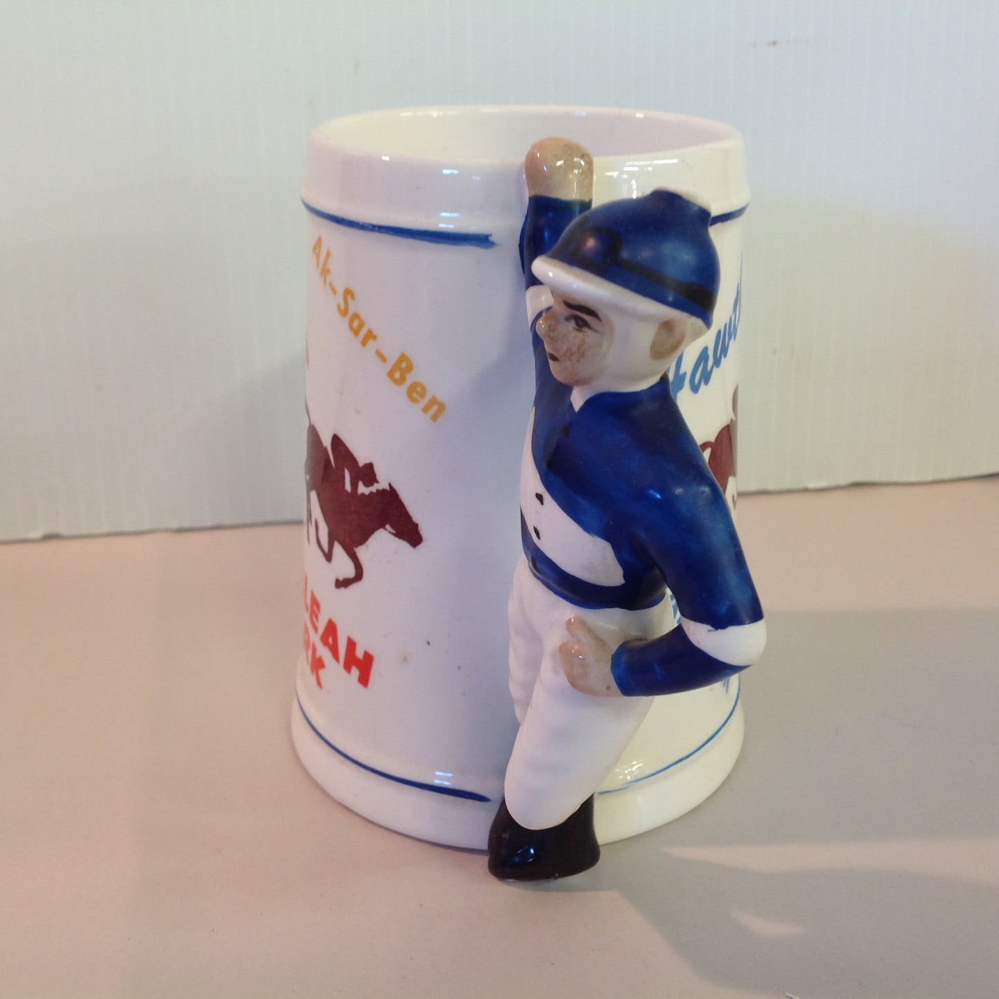 Vintage Souvenir Porcelain Horse Racing Mug Blue Jockey #4 Race Parks Logos