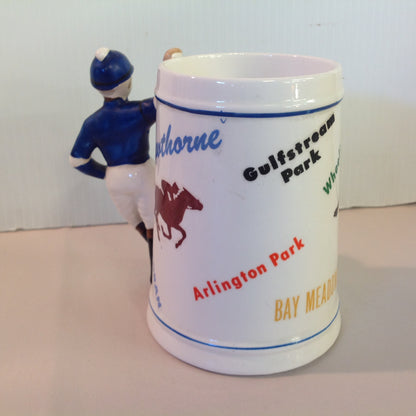 Vintage Souvenir Porcelain Horse Racing Mug Blue Jockey #4 Race Parks Logos