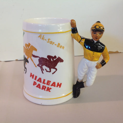 Vintage Souvenir Porcelain Horse Racing Mug Gold Jockey #3 Race Parks Logos