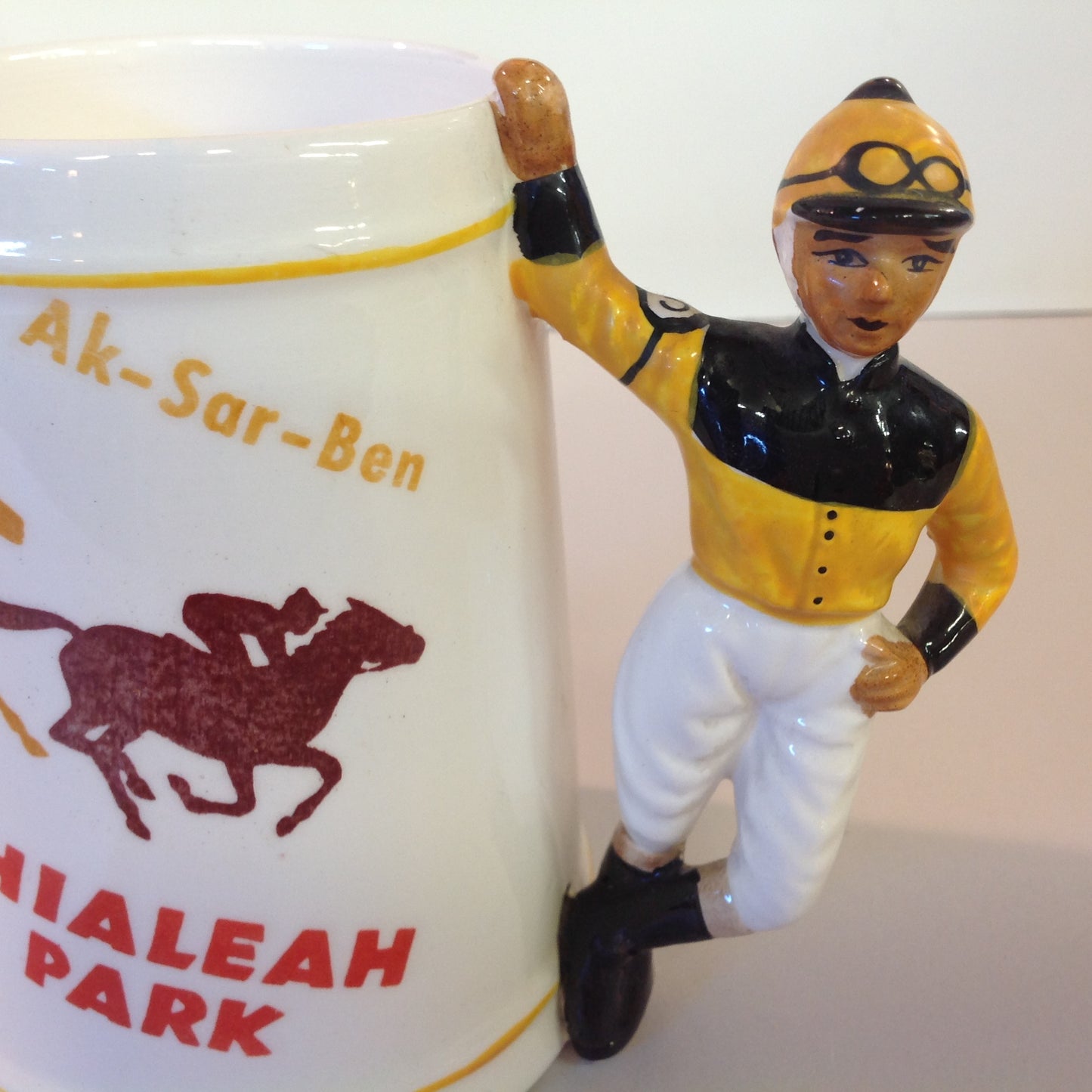 Vintage Souvenir Porcelain Horse Racing Mug Gold Jockey #3 Race Parks Logos