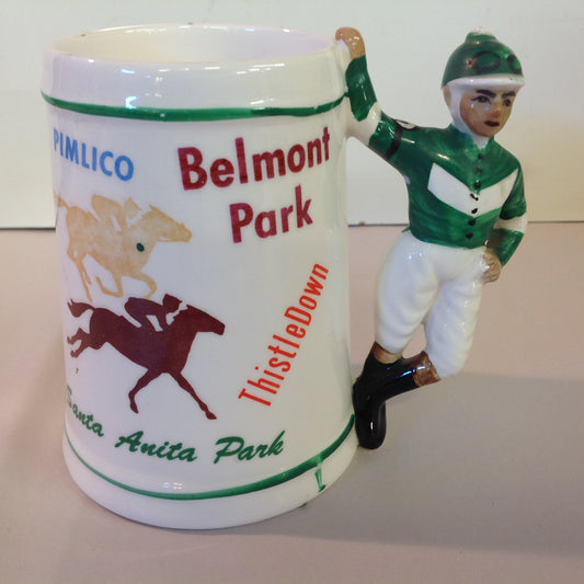 Vintage Souvenir Porcelain Horse Racing Mug Green Jockey #2 Race Parks Logos