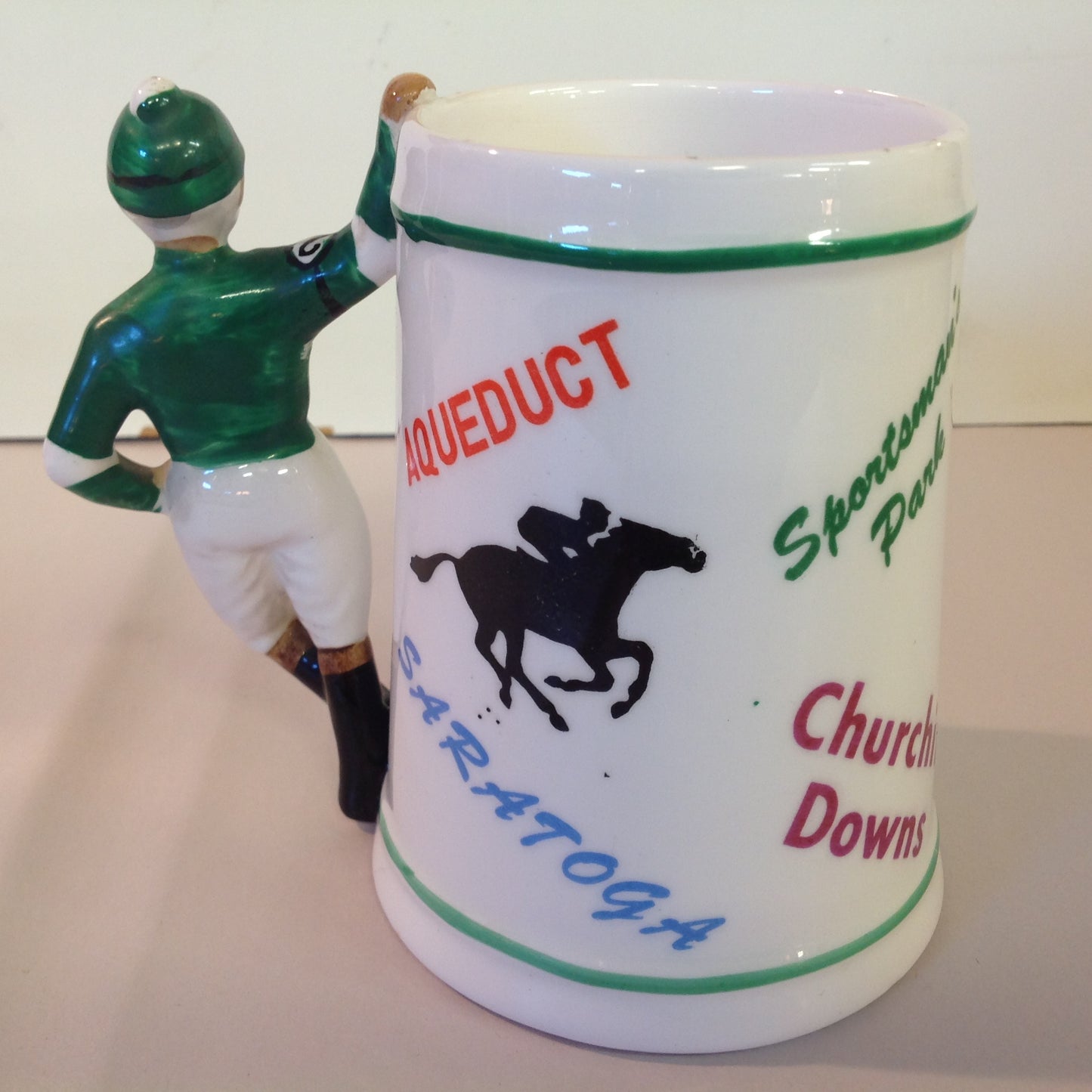 Vintage Souvenir Porcelain Horse Racing Mug Green Jockey #2 Race Parks Logos