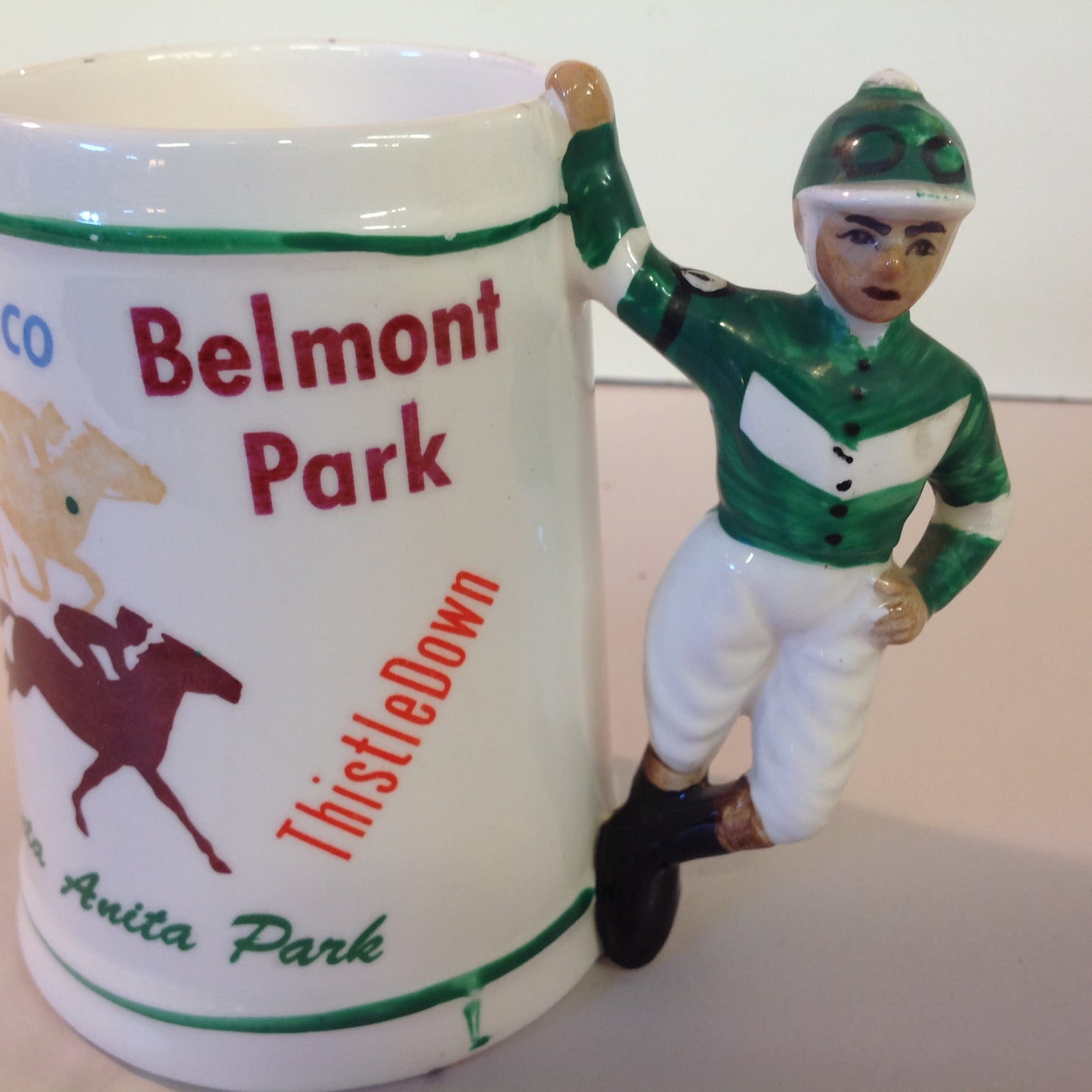 Vintage Souvenir Porcelain Horse Racing Mug Green Jockey #2 Race Parks Logos