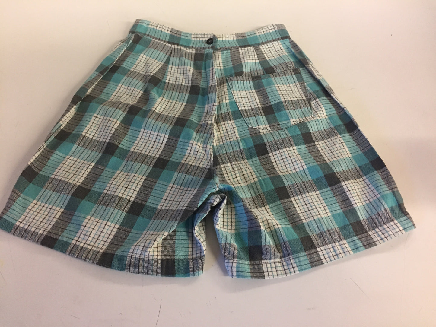 Vintage 1980's Teal Black & White Plaid Shorts Front Pocket