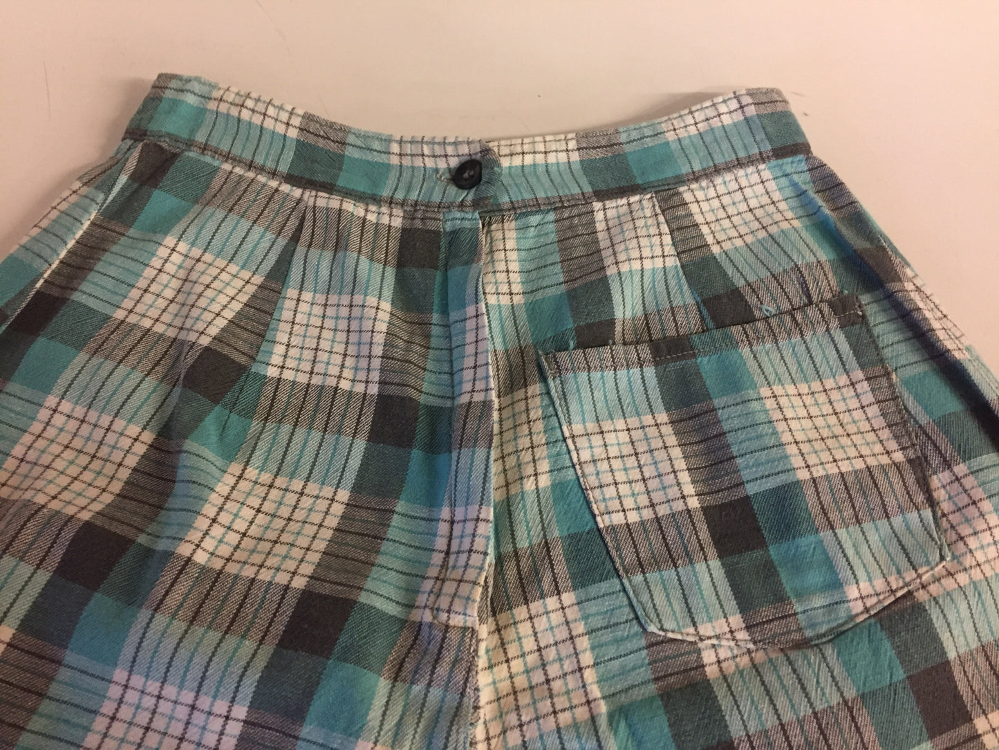 Vintage 1980's Teal Black & White Plaid Shorts Front Pocket