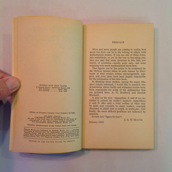 Vintage 1969 Mass Market Paperback Hunter's Math Brain Teasers J A Hunter Bantam