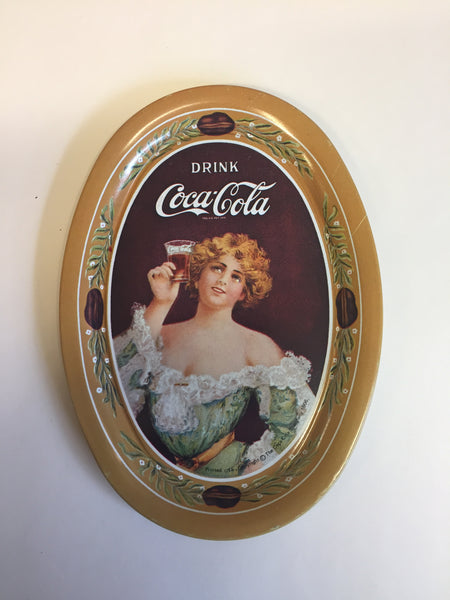 Vintage 1990's Antique Style Mini Tin Drink Coca Cola Oval Trays Gold Repop