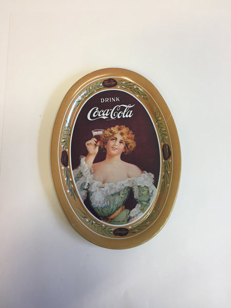 Vintage 1990's Antique Style Mini Tin Drink Coca Cola Oval Trays Gold Repop