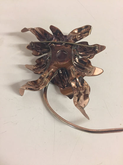 Vintage Copper Flower Brooch W/ Large Purple Glass Rhinestone Statement Pin
