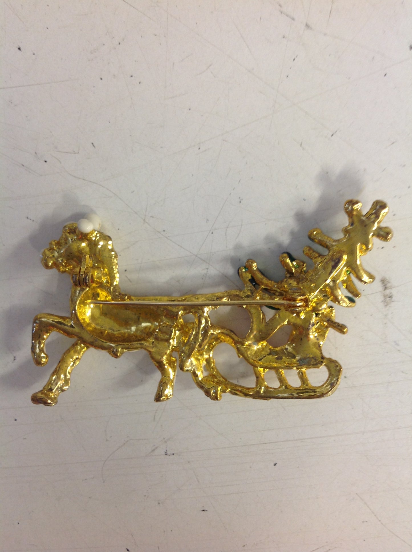 Vintage Goldtone Rhinestone Christmas Tree Horse and Sleigh Cloissone Pin