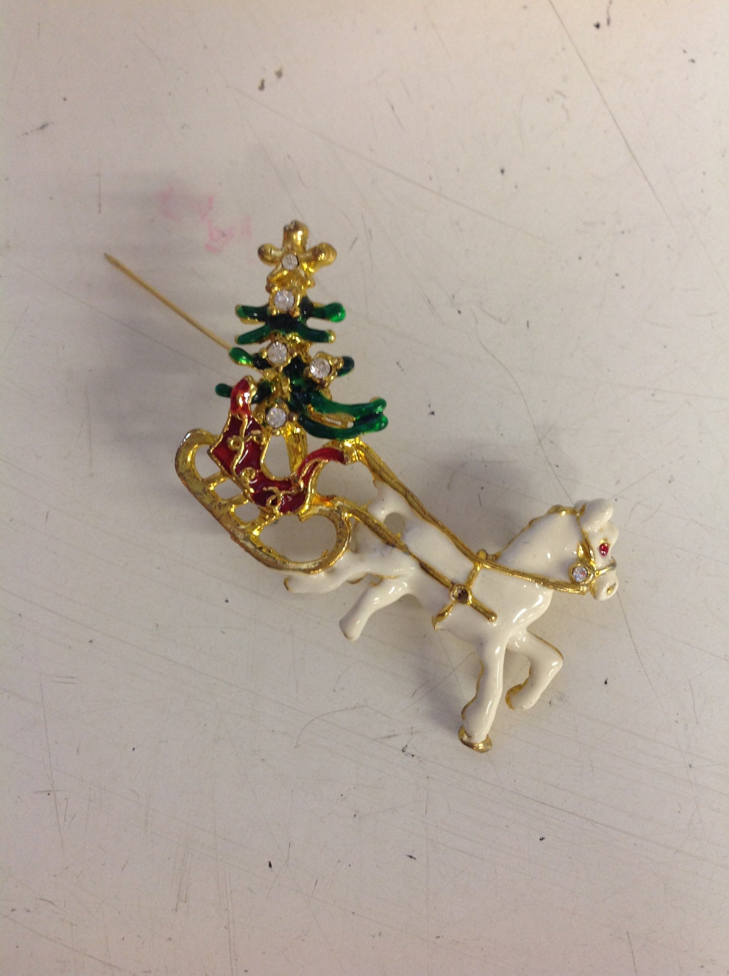 Vintage Goldtone Rhinestone Christmas Tree Horse and Sleigh Cloissone Pin