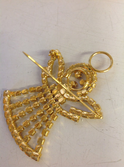 Vintage Holiday Brooch Pin Goldtone Dangling Angel with Rhinestones