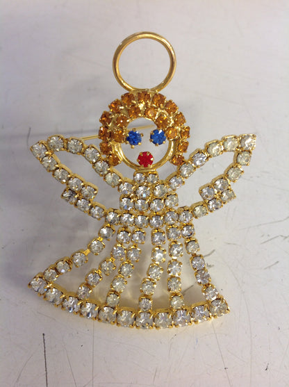 Vintage Holiday Brooch Pin Goldtone Dangling Angel with Rhinestones