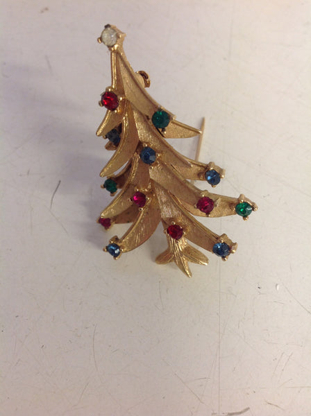 Vintage Goldtone Holiday Brooch Pin Xmas Tree with Rhinestone Lights