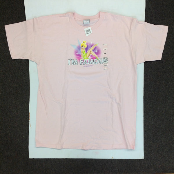Large Disney Store Pink T-Shirt Glittery TinkerBell I'm Famous in Neverland New with Tag