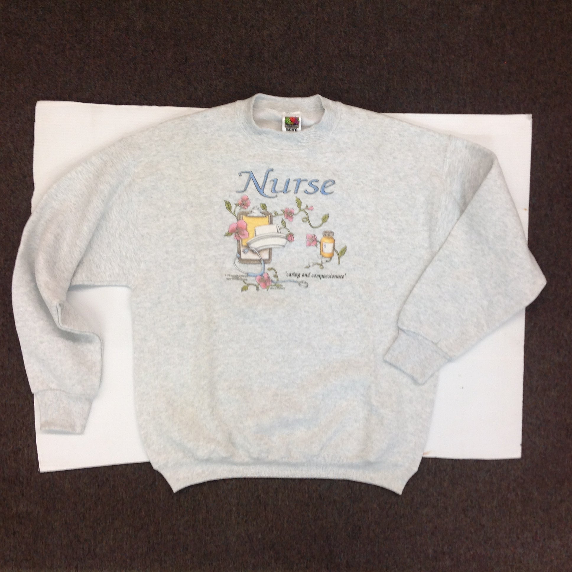 Vintage 1998 Large Gray Sweatshirt Nurse: Caring and Compassionate Floral Message NameMe Calligraphy