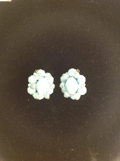 Vintage Powder Blue Seed Bead Rhinestone Faux Crystal Clip-On Earrings