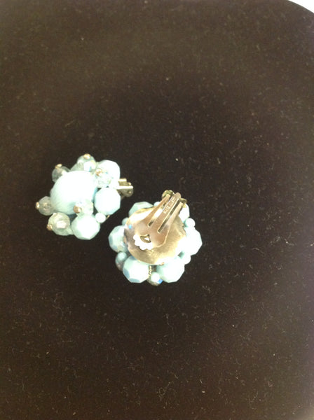 Vintage Powder Blue Seed Bead Rhinestone Faux Crystal Clip-On Earrings