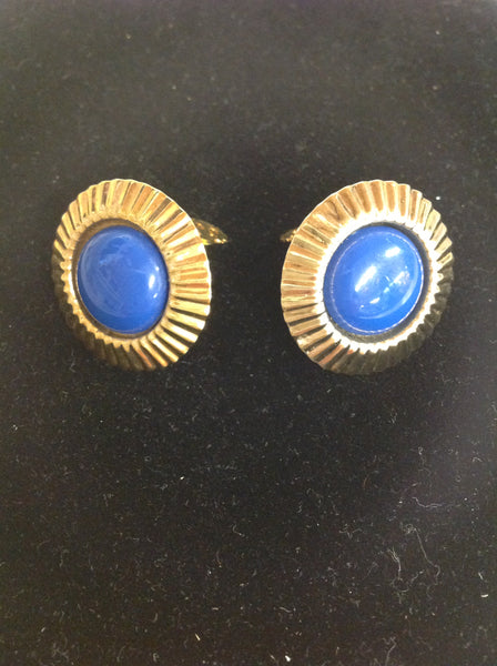 Vintage Bright Blue Cap Goldtone Sunburst Clip-On Earrings