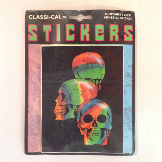 Vintage 1990's NOS Classi-Cal Vinyl Adhesive Sticker Black Mat Rainbow Skull Trio