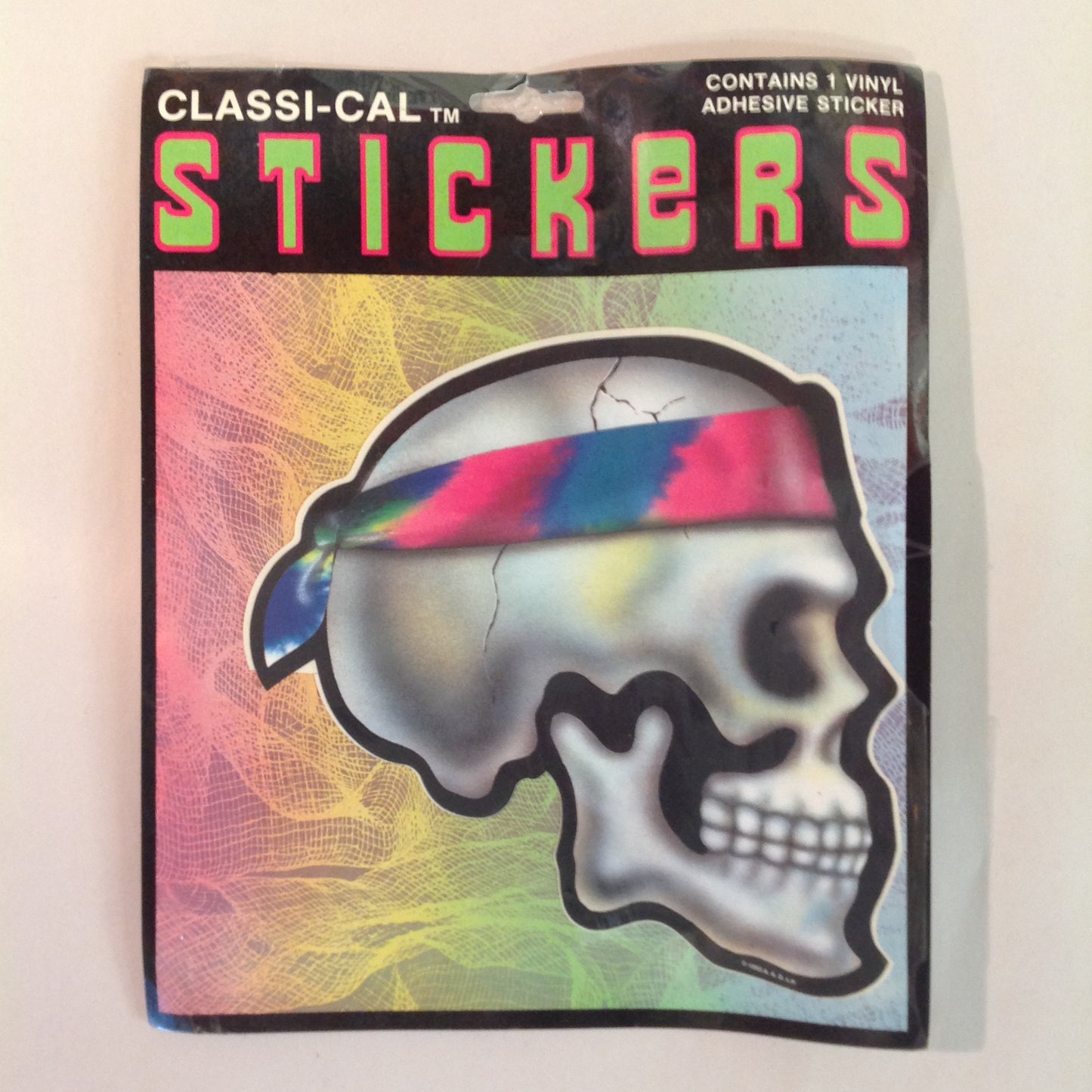 Vintage 1990's NOS Classi-Cal Vinyl Adhesive Sticker Skull with Tie Dye Headband