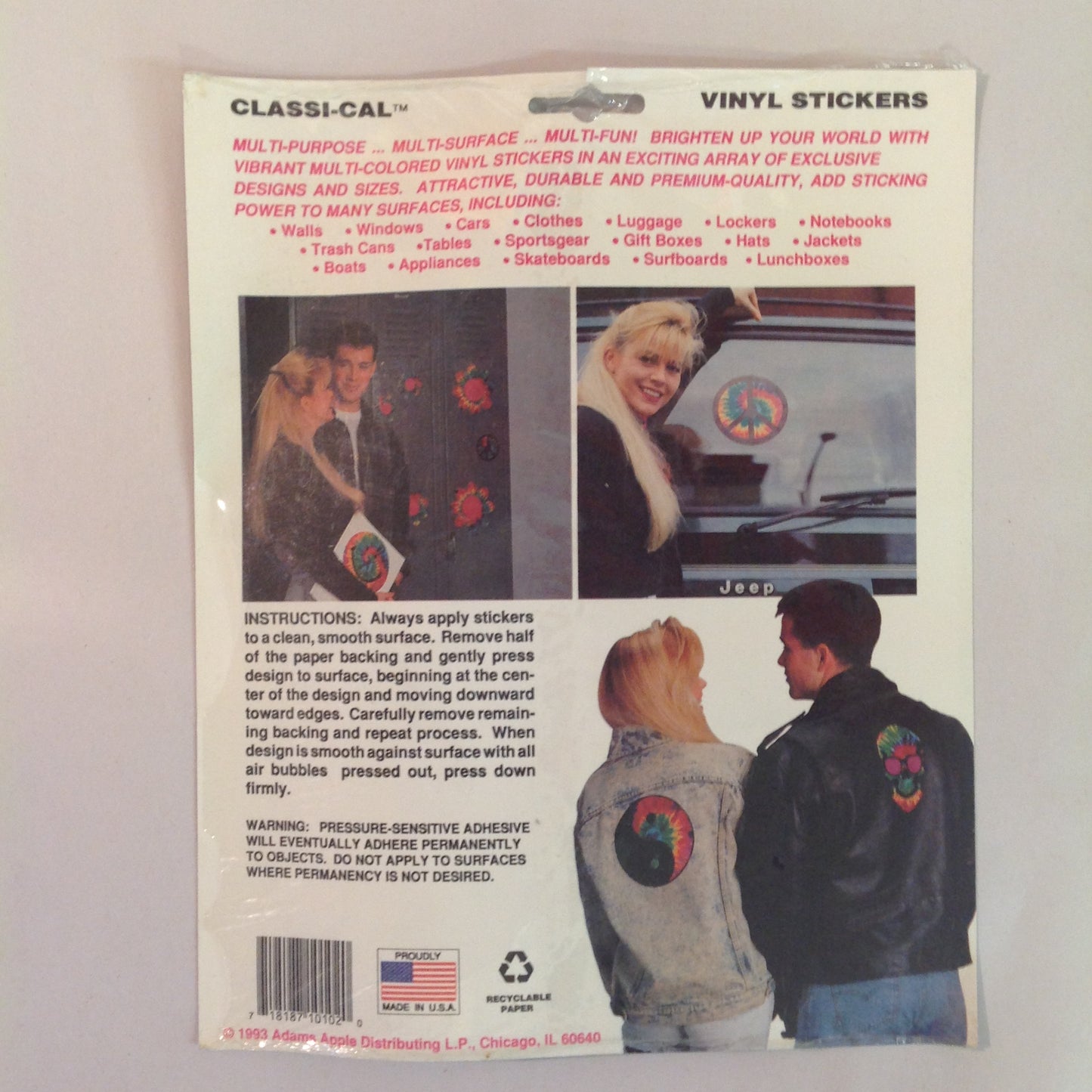 Vintage 1990's NOS Classi-Cal Vinyl Adhesive Sticker Skull with Tie Dye Headband