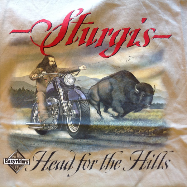 Vintage Easyriders Cycle Magazine XL (46-48) Tan Sturgis T-Shirt Head for the Hills Bison Bearded Biker