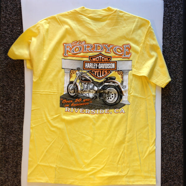 Vintage Official Skip Fordyce Riverside California Harley Davidson XL (46-48) Yellow Cotton T-Shirt