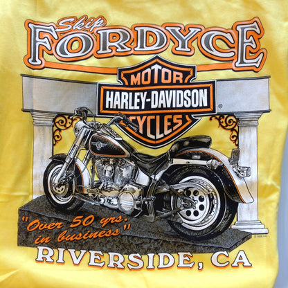 Vintage Official Skip Fordyce Riverside California Harley Davidson XL (46-48) Yellow Cotton T-Shirt