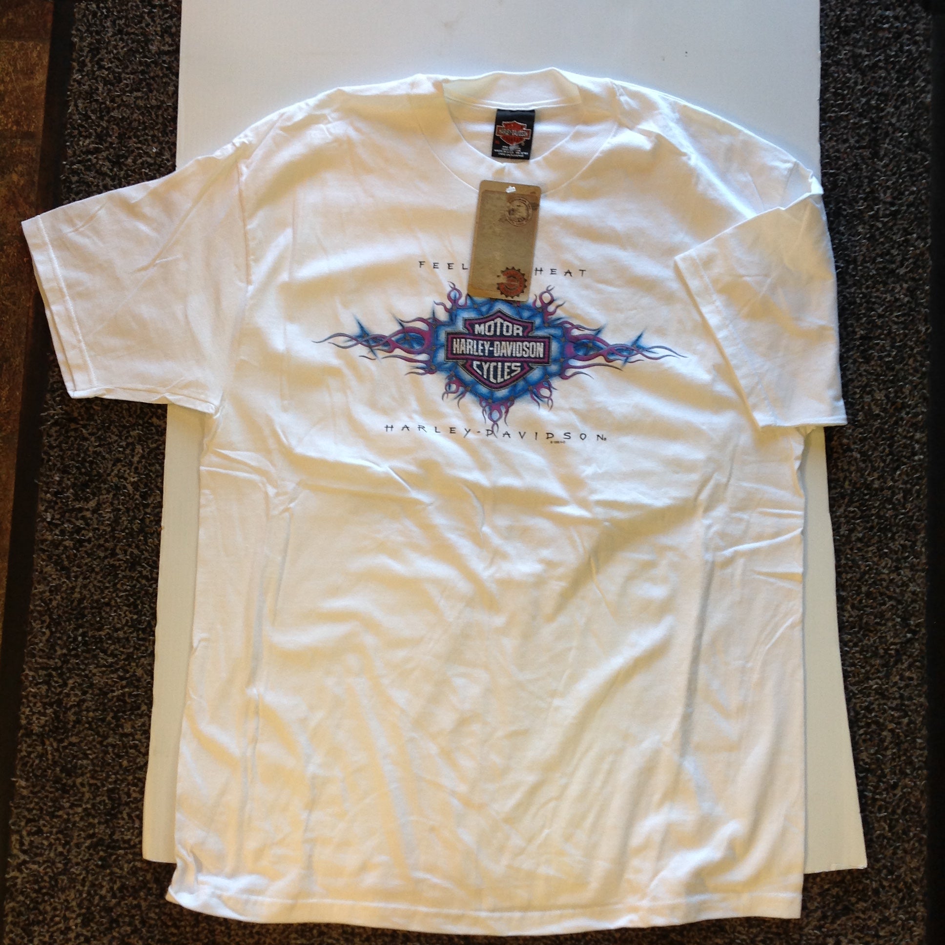 Vintage 1998 RK Stratman 100% Cotton White Men's XL Official Licensed Souvenir Harley Davidson Motorcycles Santa Maria California T-Shirt with Tags Feel the Heat