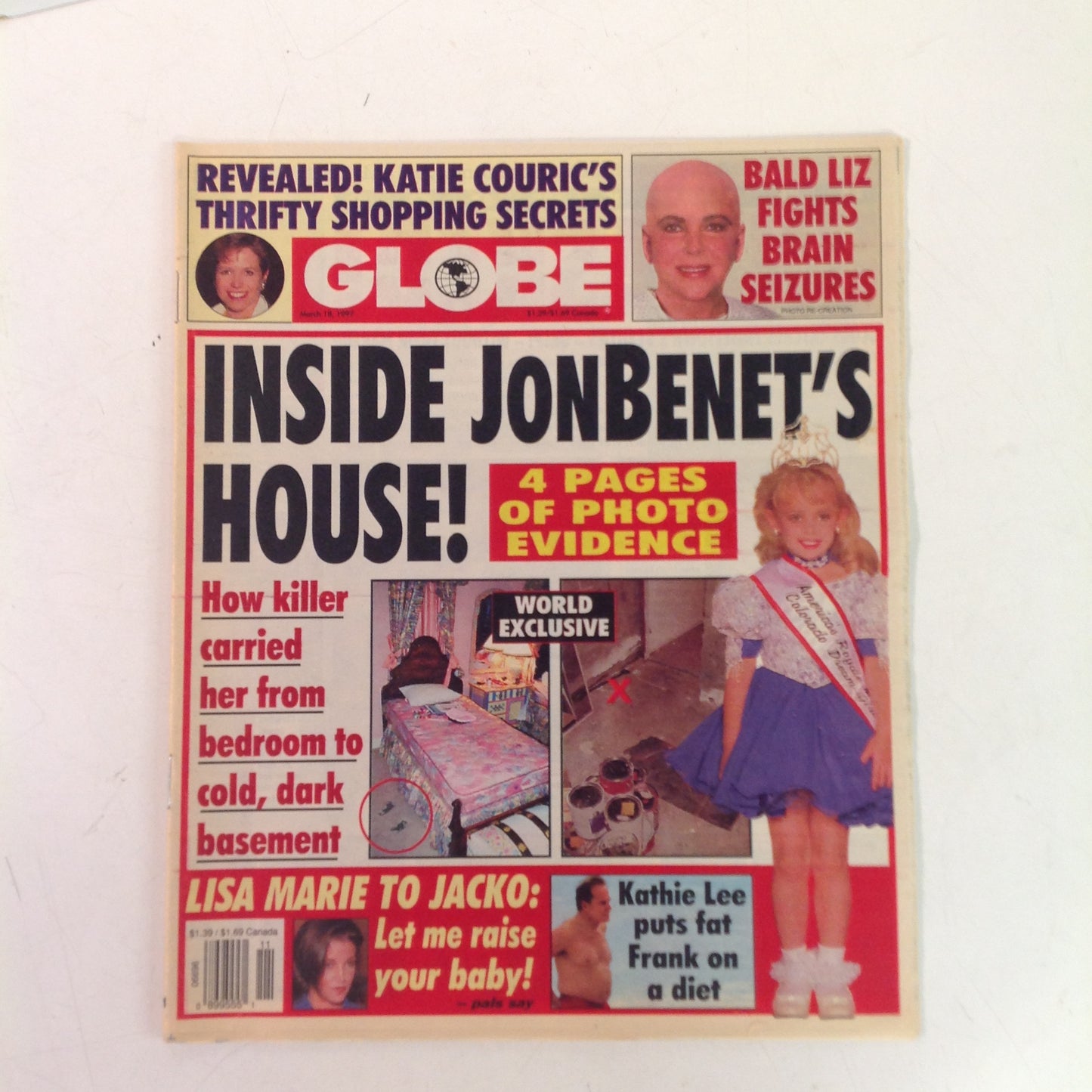 Vintage Mar 18 1997 GLOBE Bald Liz Taylor JonBenet Murder House Lisa Marie Jacko Baby Drama