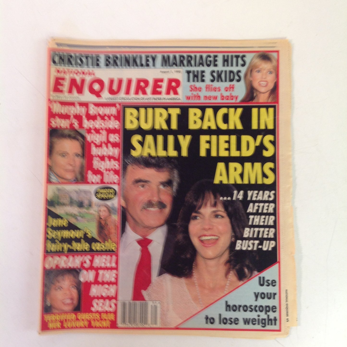 Vintage Aug 1 1995 NATIONAL ENQUIRER Burt Reynolds Sally Field Jane Seymour Castle Oprah Hell