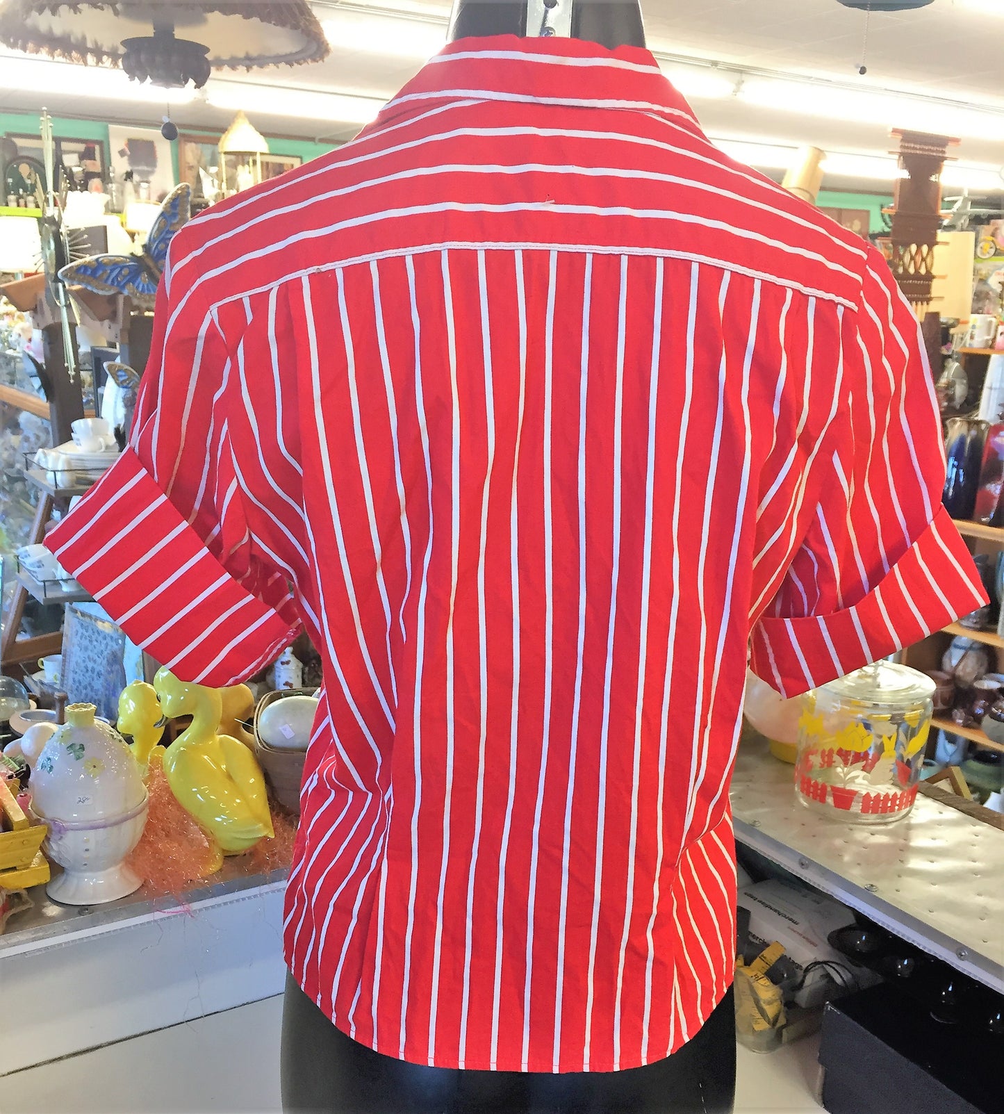 Vintage 1960's Red & White Strip Button Up Blouse Retro Fashion