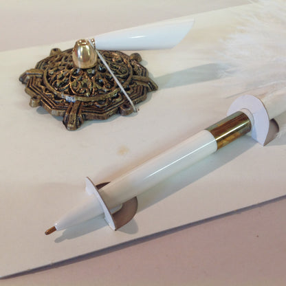 Vintage White Feather Quill Pen Set with Octagonal Brass Filigree Base in Box