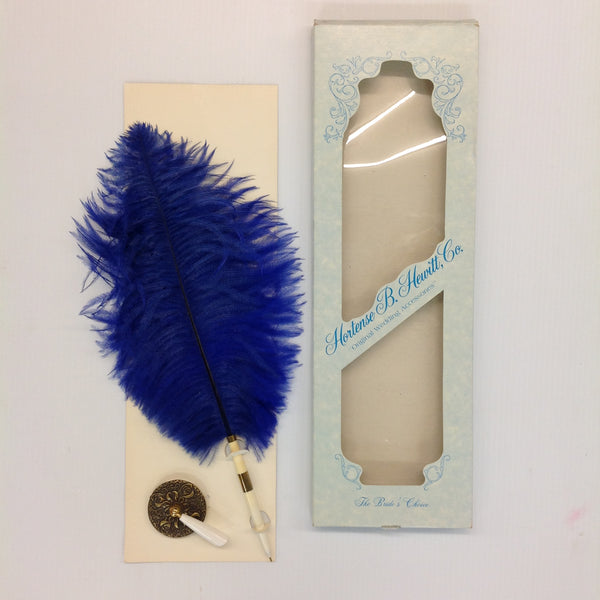 Vintage Hortense B Hewitt Elegant Accessories Royal Blue Quill Pen Set with Brass Floral Base Wedding Bridal Guest Book