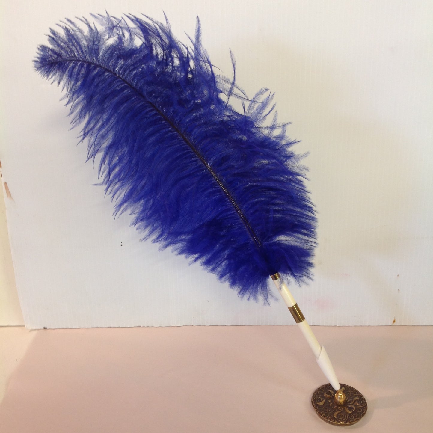 Vintage Hortense B Hewitt Elegant Accessories Royal Blue Quill Pen Set with Brass Floral Base Wedding Bridal Guest Book