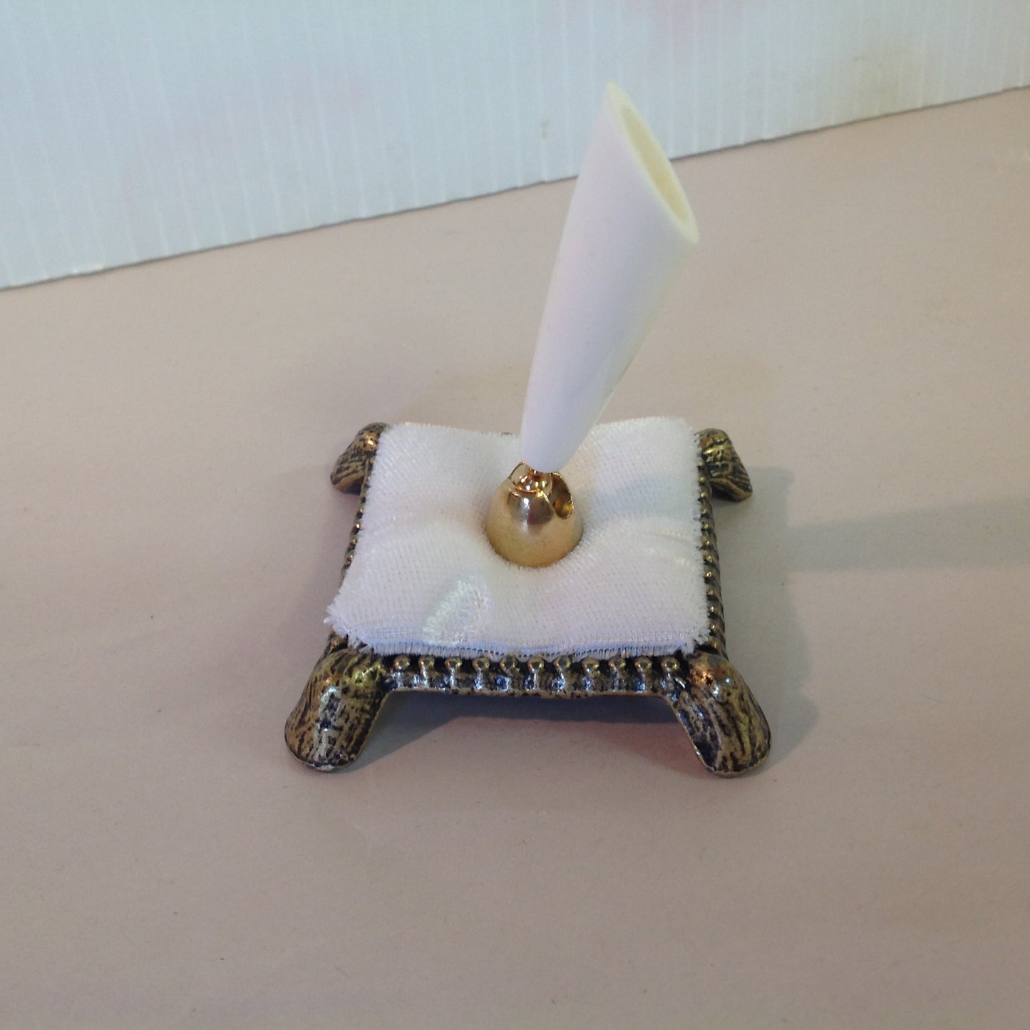 Vintage Hortense B Hewitt Elegant Accessories White Quill Pen Set with Fabric and Brass Footed Base Wedding Guest Book