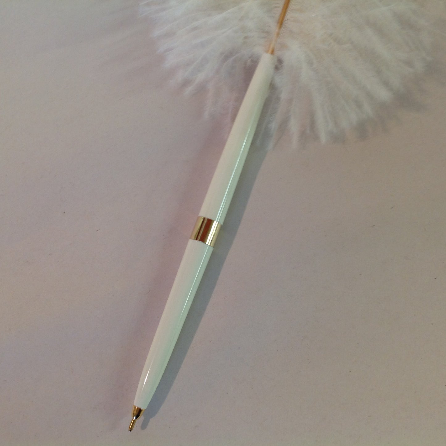 Vintage Hortense B Hewitt Elegant Accessories White Quill Pen Set with Fabric and Brass Footed Base Wedding Guest Book