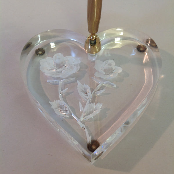 Vintage Hortense B Hewitt Co Elegant Accessories Guest Pen Set Lucite Heart Shaped Rose Wedding Base