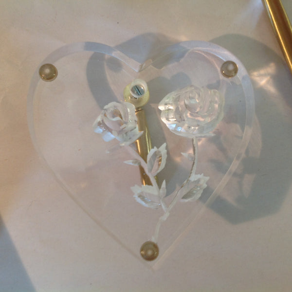 Vintage Hortense B Hewitt Co Elegant Accessories Guest Pen Set Lucite Heart Shaped Rose Wedding Base