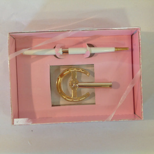 Vintage Hortense B Hewitt Co Elegant Accessories Guest Pen Set Gold Tone Horseshoe Lucky Pen Wedding Base