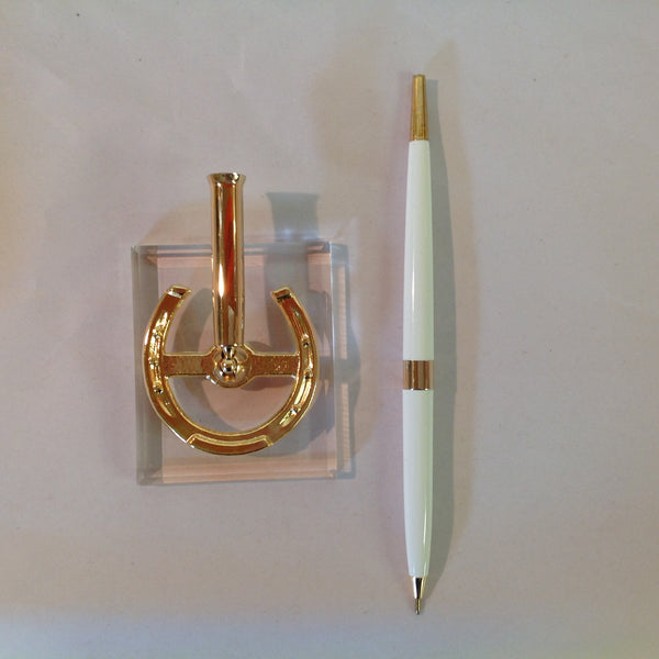 Vintage Hortense B Hewitt Co Elegant Accessories Guest Pen Set Gold Tone Horseshoe Lucky Pen Wedding Base