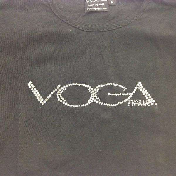 Souvenir Authentic VOGA Italia Drink IN Style Black Women's Small T-Shirt with Rhinestone Logo
