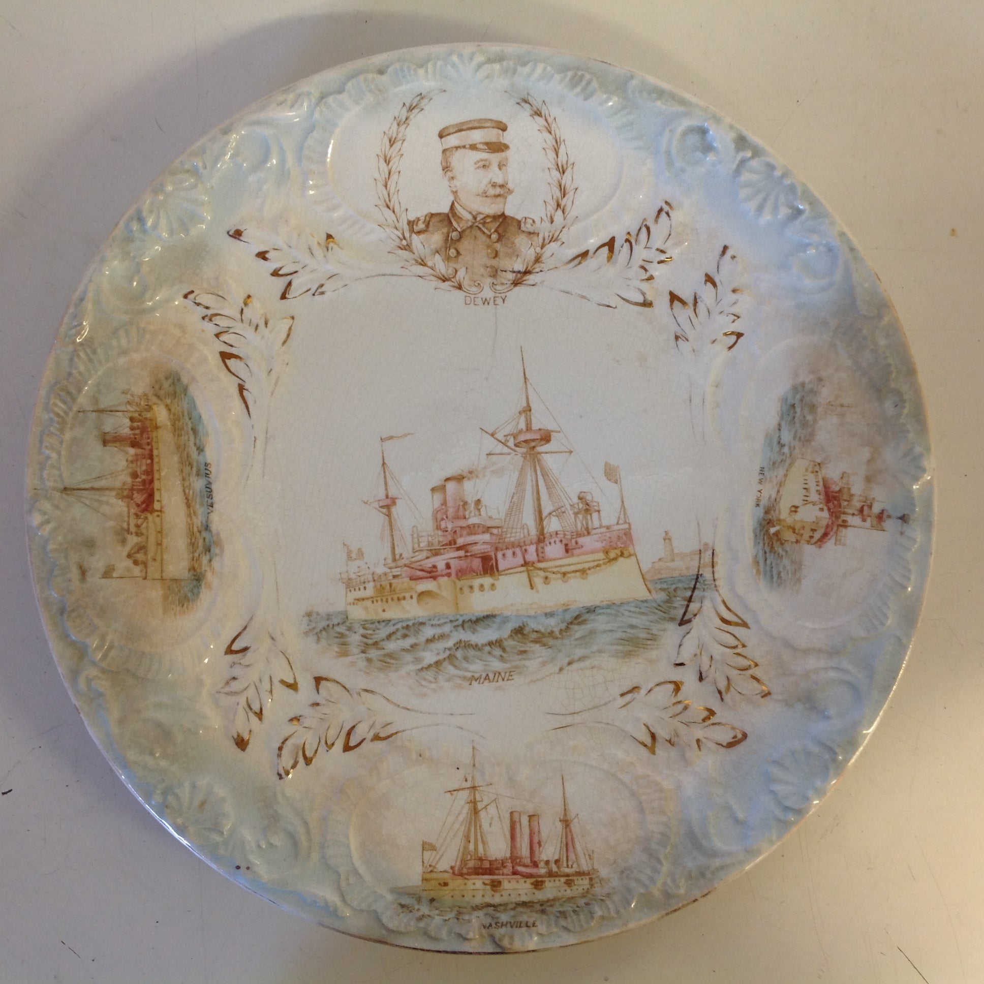 Vintage Spanish-American War Era The Sebring Porcelain Collectors' Plate with US Warships and Admiral Dewey
