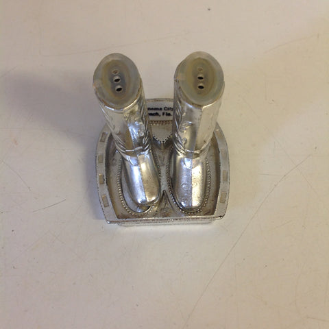 Vintage Souvenir Panama City Beach Florida Silvertone Salt and Pepper Shaker Set with Stand