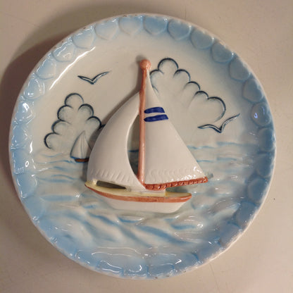 Vintage Ceramic Wall Hanging Plate Sailboat Scene in Relief with Sculpted Waves