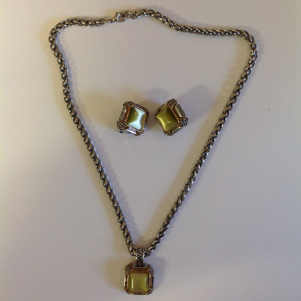 Vintage 1990's Chain Necklace and Clip-On Earrings Set Olive Glass Stone Geometric and Clusters Motif